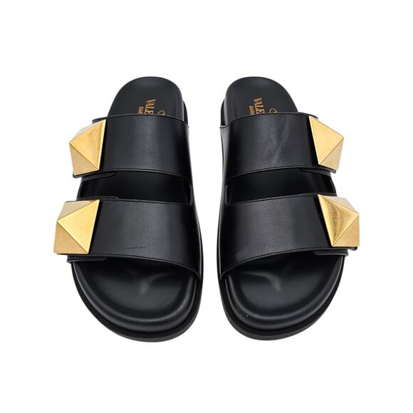 Valentino Garavani One Stud Flat Slide Sandal Black Leather Size 37.5 US 7.5 - Picture 3 of 10